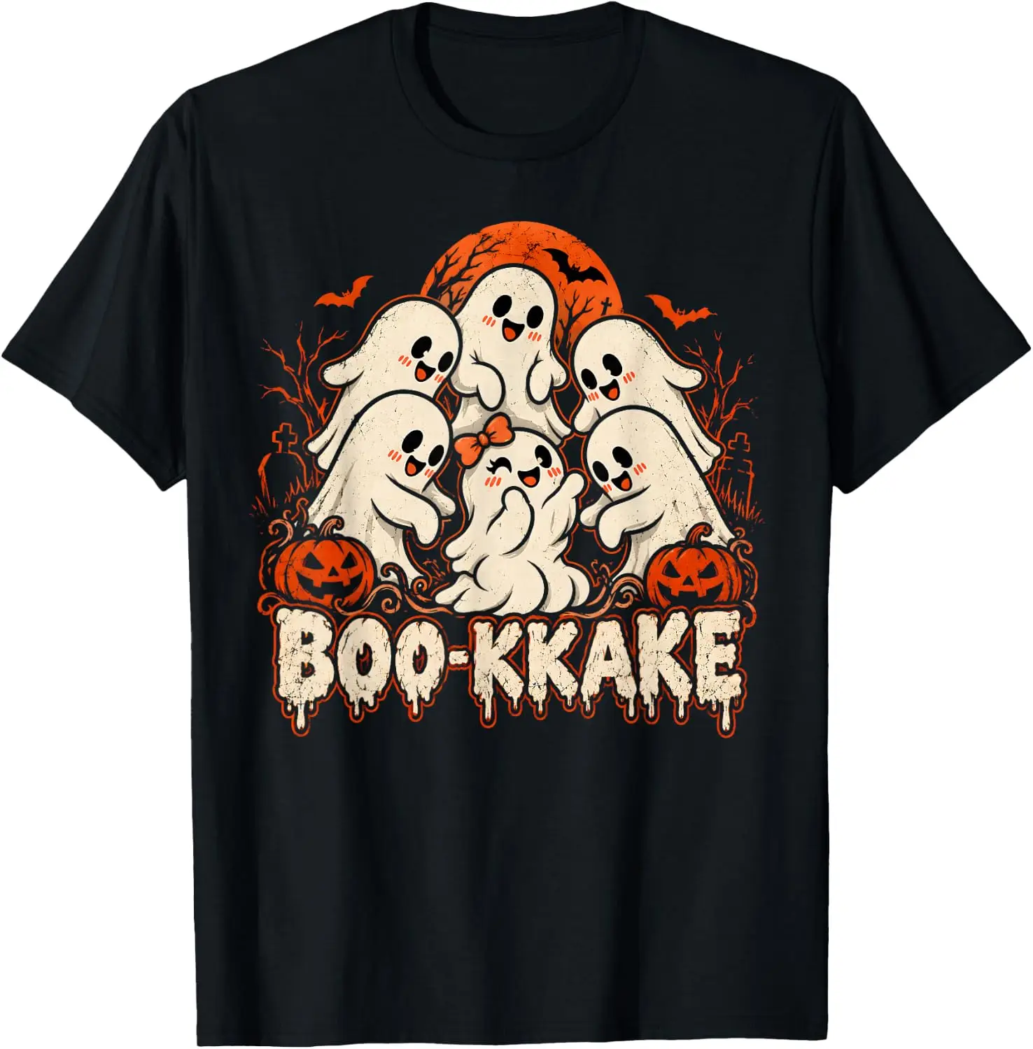 Boo-Kkake Japanese Ghost Funny Halloween Vintage T-Shirt Men Casual Graphic Print T-Shirt Crew Neck Short Sleeve Vintage Street Style Soft Fabric Daily Wear Tops. Holiday Festive, Party Wear, Theme Print Tee.