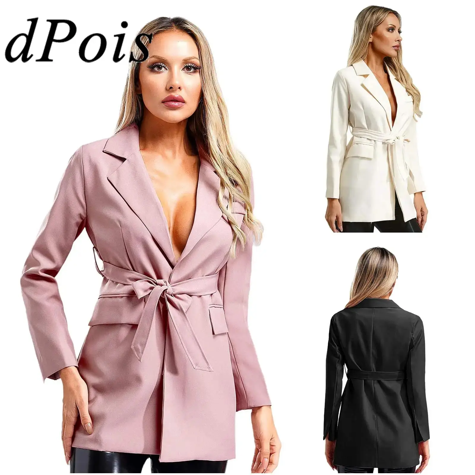 

Womens Casual Blazer with Belt Notched Lapel Long Sleeve Suits Coat Open Front Blazers Outerwear Femme Work Office Jackets Mujer