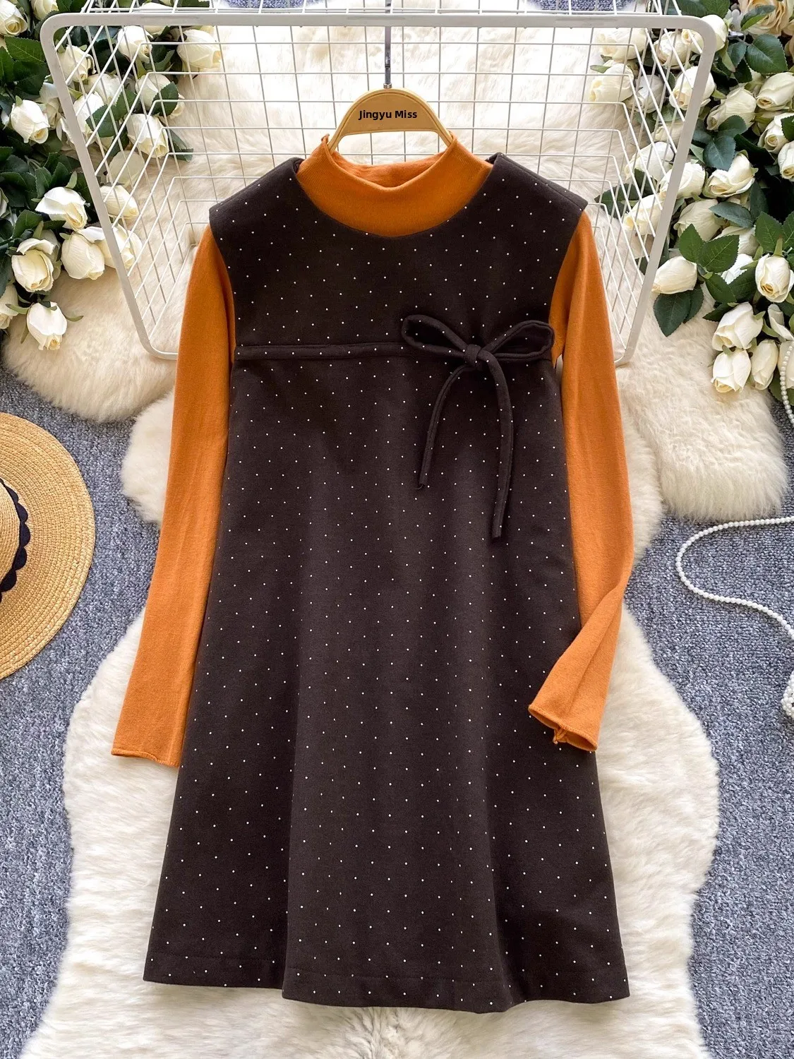 

Высококачественный вязаный шерстяной комплект из двух предметов для женщин, свободный длинный све, осенне-зимний наряд Faion с жилетом в горошек