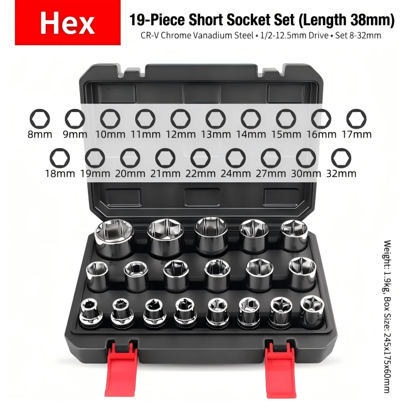 

19Pcs 1/2" Drive 6Point Socket Wrench Head Torx Sockets 6Angles Plum Blossom Sleeve for Bicycle Motorcycle Repair Tool