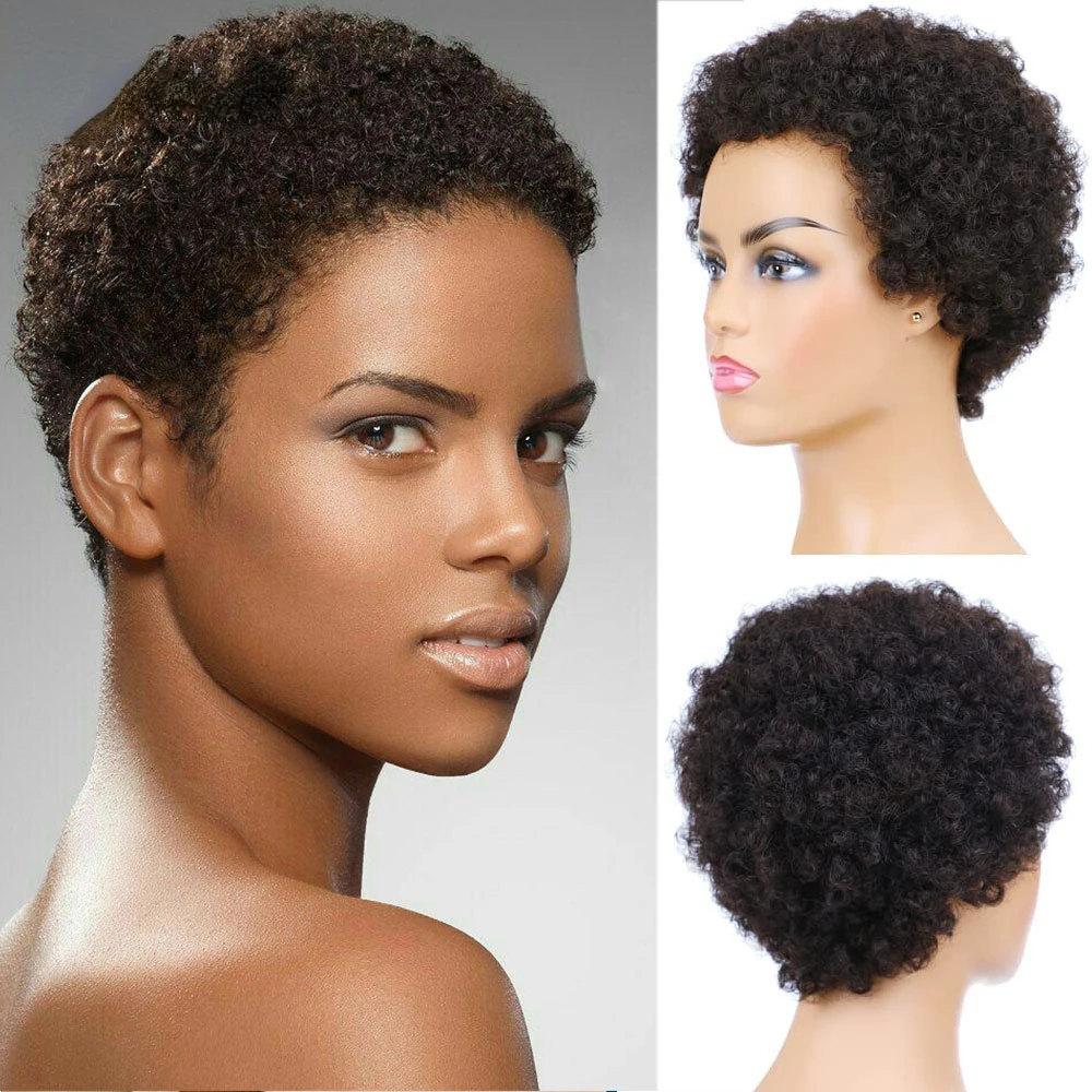 

Short Afro Curly Human Hair Wig Full Machine Made Wig Afro Short Wigs for Women Pixie Cut Wig Human Hair 150% Density 4Inch