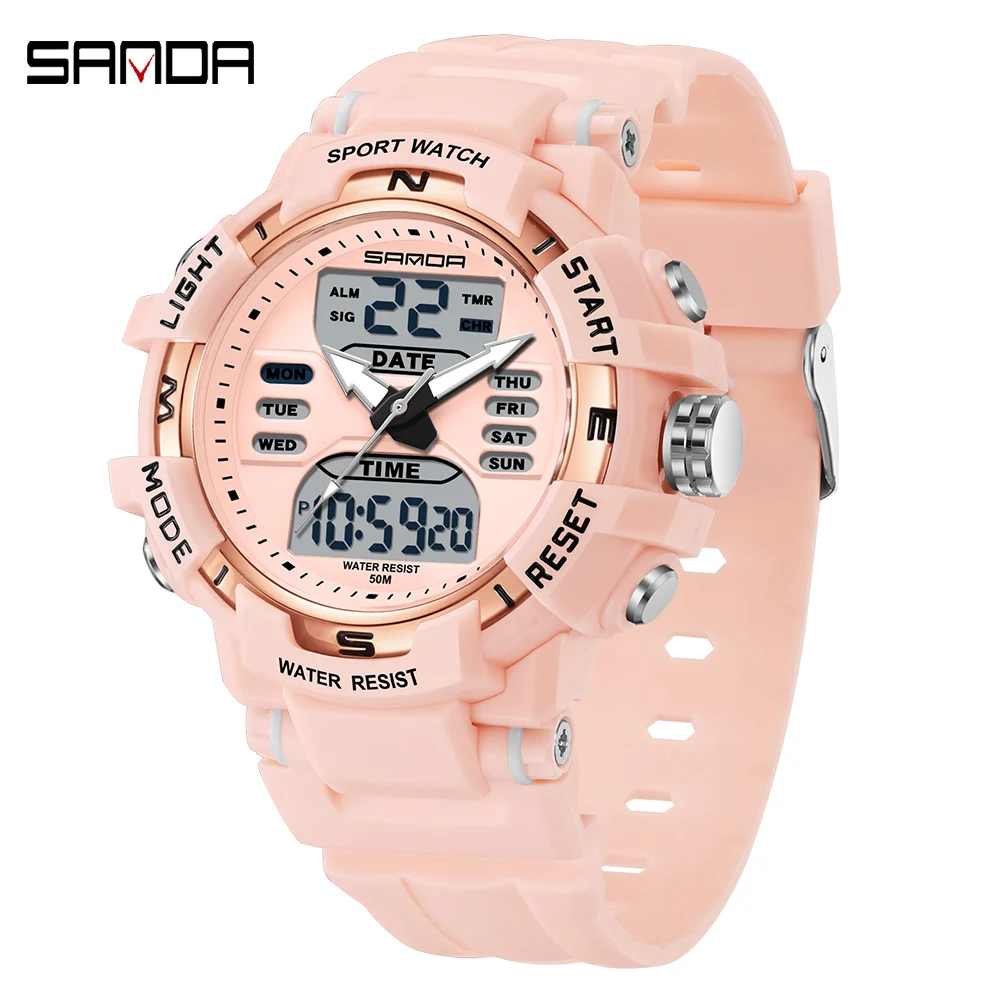 SANDA Sports Women Watch Alarm Clock Stopwatch Dual Display Wristwatches Ladies Digital Quartz Waterproof Luminous Date Watches
