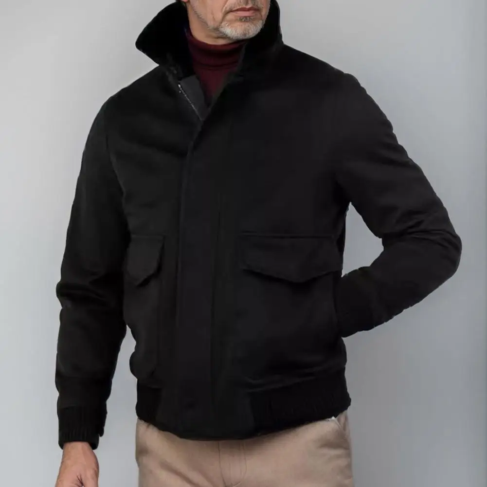 Chaqueta con solapa de costura de felpa de estilo Retro para hombre, abrigo con bolsillos de solapa, prendas de vestir exteriores de lana de Color sólido para Otoño e Invierno