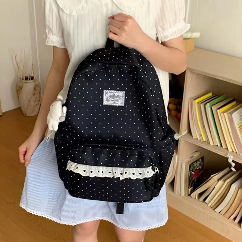 Korean Polka Dot Backpack Women Sweet Lace Trim Decor School Bag Large Capacity Lightweight Multi‑pocket Casual Travel Backpack