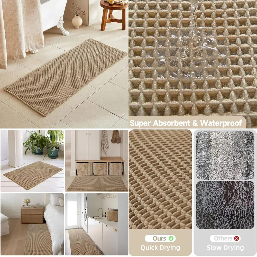 

Khaki 60x24 Boho-Style Non-Slip, Washable, Absorbent & Quick-Dry Waffle Runner Bathroom Rug