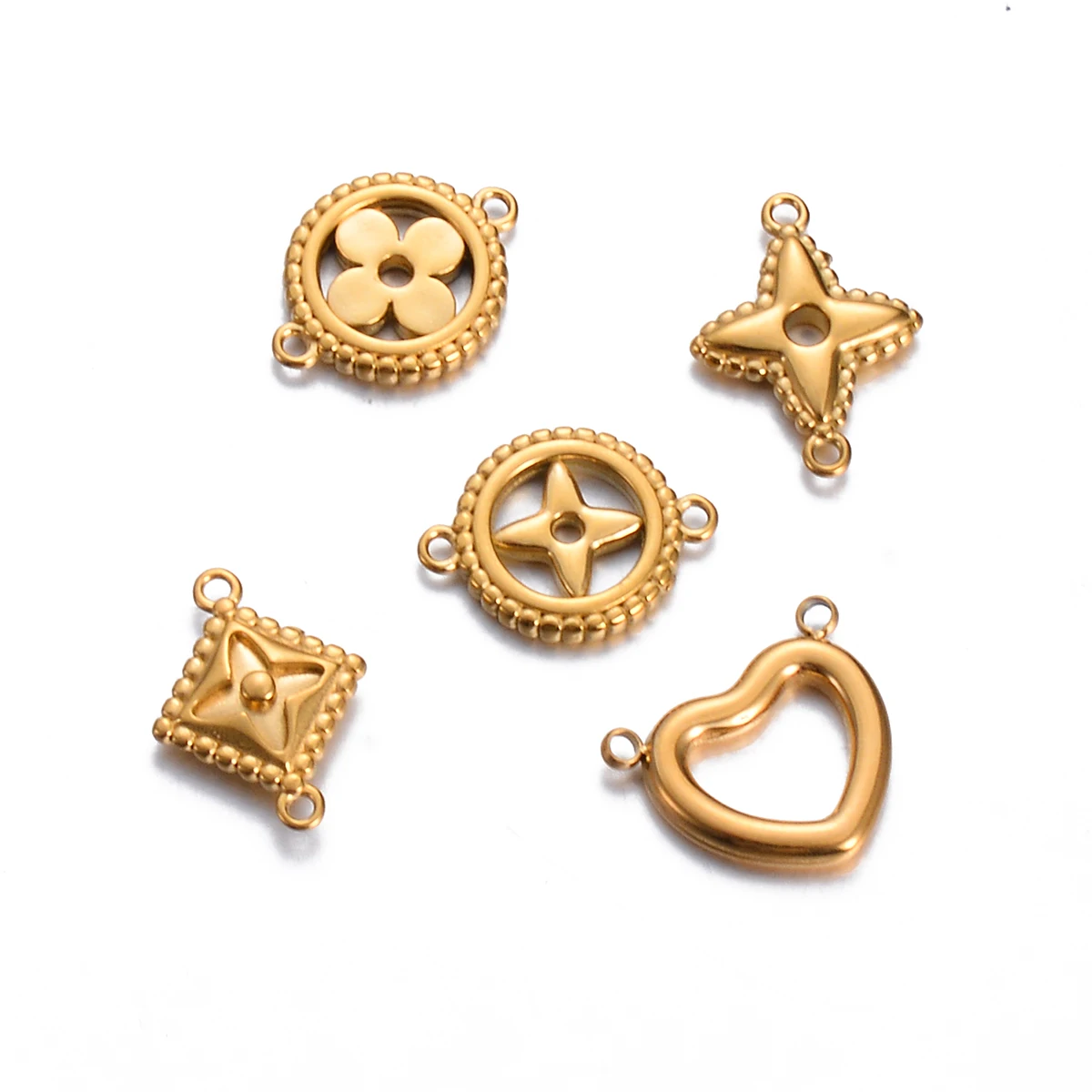 10pcs Vintage Double Hole Stainless Steel Accessories Gold Plated Heart Flower Star Pendant for DIY Necklace Bracelet Jewelry