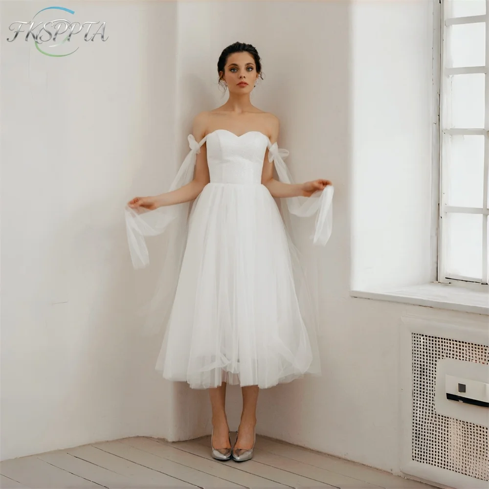 Simple Short White Wedding Dress A Line Tea Length Sweetheart Corset Back Plus Size Beach Wedding Gowns For Bride Wholesale