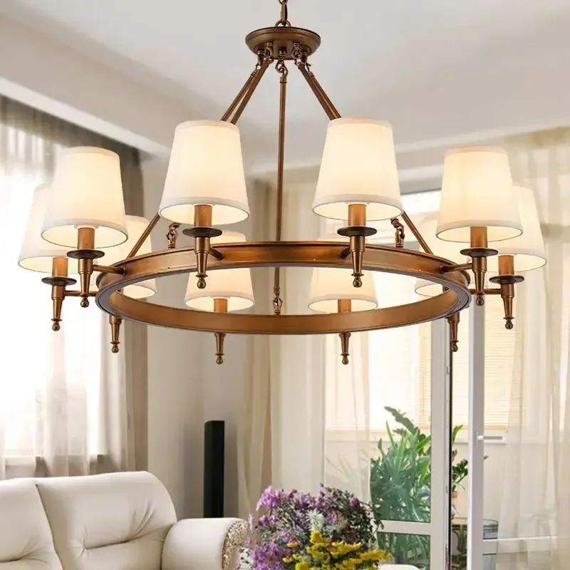 Vintage Chandelier Modern Living Room Bedroom Foyer Light Fixtures Fabric Lampshade Lamp Decor Home