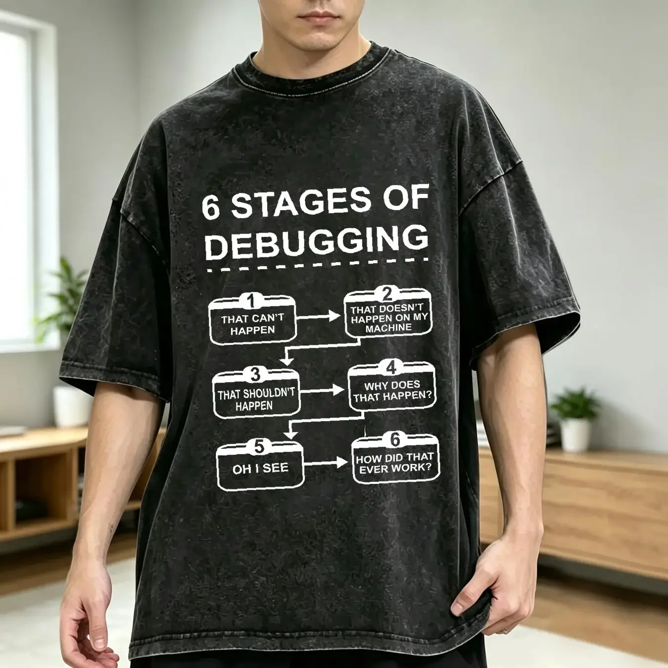washed T Shirt 6 Stages of Debugging Funny Programming Computer Science long or short sleeves vintage Washed Soft streetwear