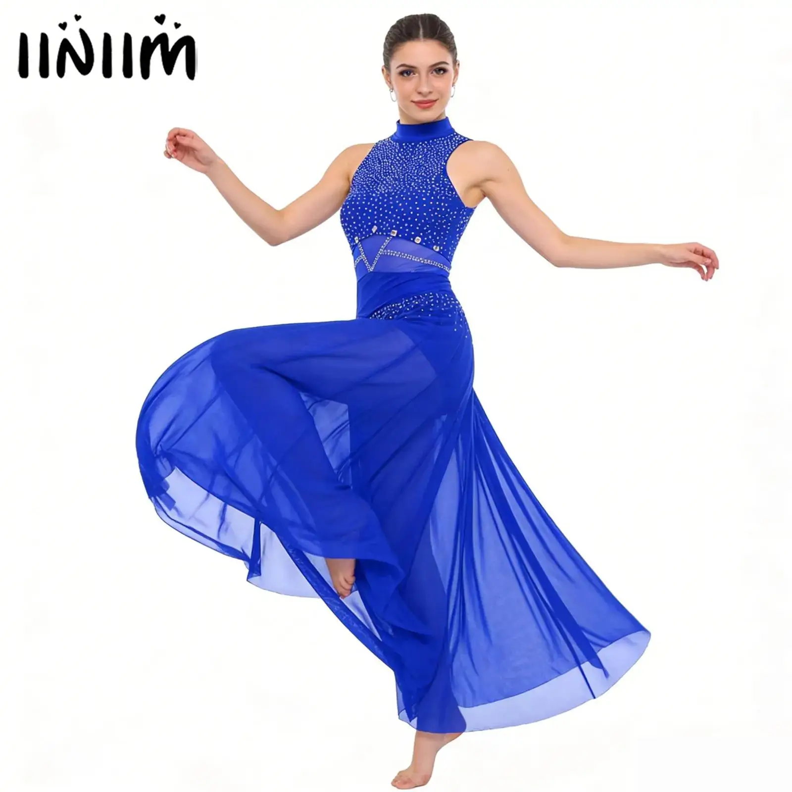 

Womens Rhinestone Gymnastics Artistic Figure Skating Ballet Dance Performance Costume Modern Lyrical Contemporary Dance Dress