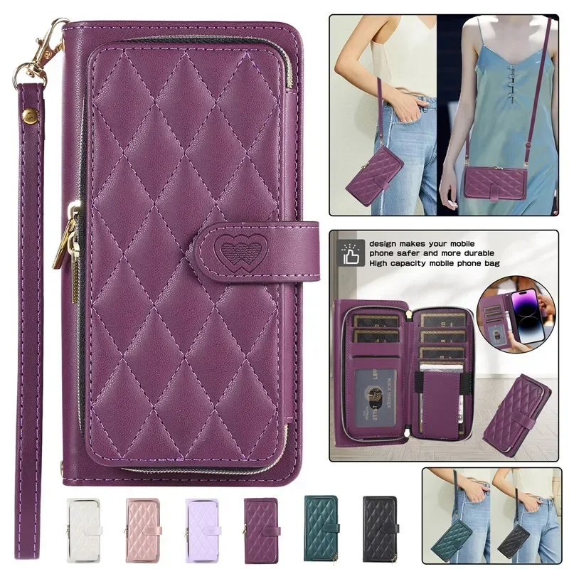 Crossbody Lanyard Zip Leather Wallet Phone Case for Samsung Galaxy S24 S23 Ultra S22 Plus S21 S20 FE S10 Wrist Rope Flip Cover