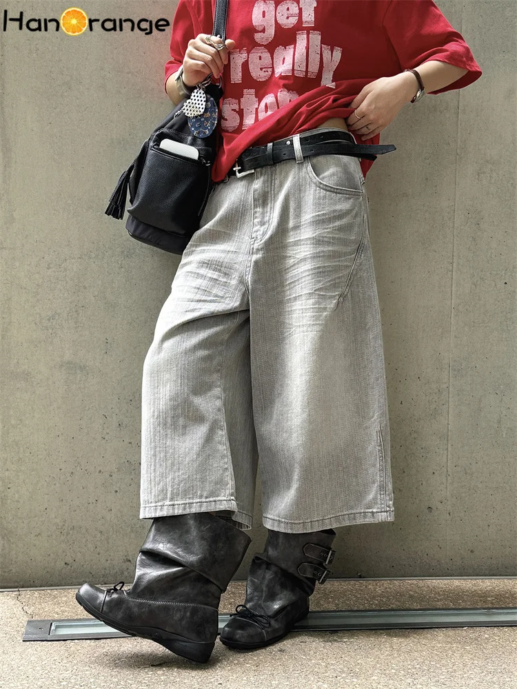 HanOrange 2026 Summer Retro Street Distressed Calf-Length Jeans Women Layered Splicing Pentagram Denim Pants Gray