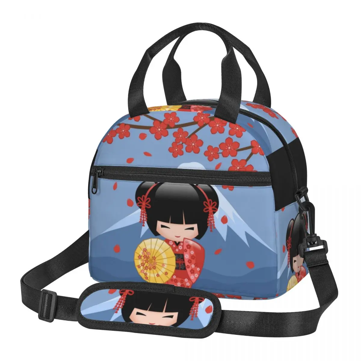 Lunch Bag com isolamento térmico com alça de ombro ajustável, sacola portátil para comida, boneca Sakura Kokeshi vermelha, grande, japonesa