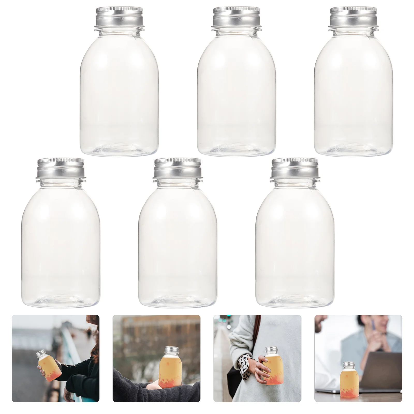 6 Pcs Juice Bottles 250ml Transparent Milk Beverage 6pcs (with Aluminum Cap) Reusable Lids Mini Fridge