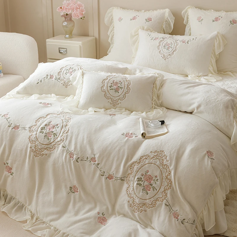 4Pcs Rose Flowers Embroidery Ruffles Princess Bedding Set Warm Thickened Winter Milk Velvet Duvet Cover Set Bed Sheet Pillowcase