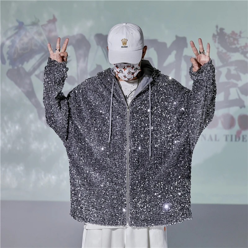 

Male Shiny Jacket 2024 Spring Jacket Men Stylish Sequin Coat For Men Zipper Up Drawstring Hooded Jackets with Cap Stage Clothing