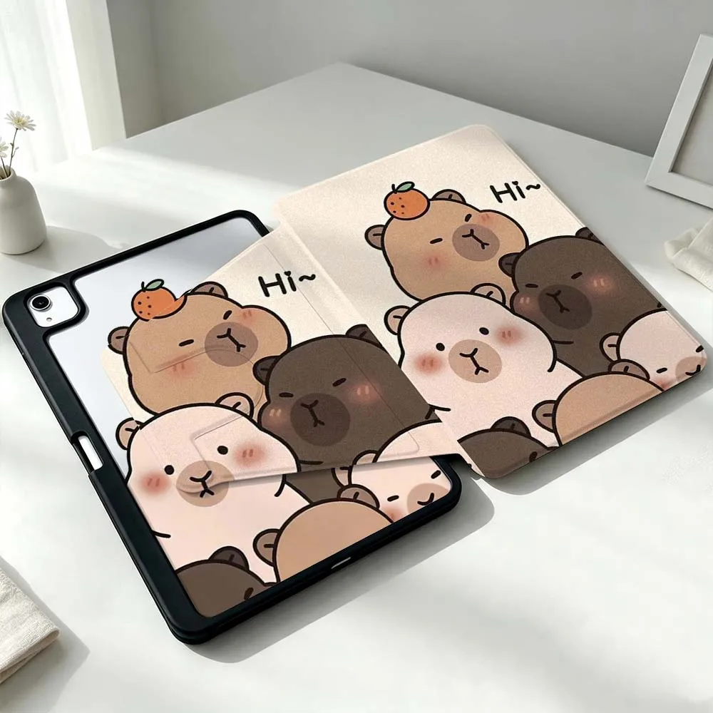 Cartoon Fun Capybara For Xiaomi Mi Redmi Poco Pad 8 7 7S 6 6S 5 SE Pro Ultra 360° Rotation Stylus Storage Tablet Case