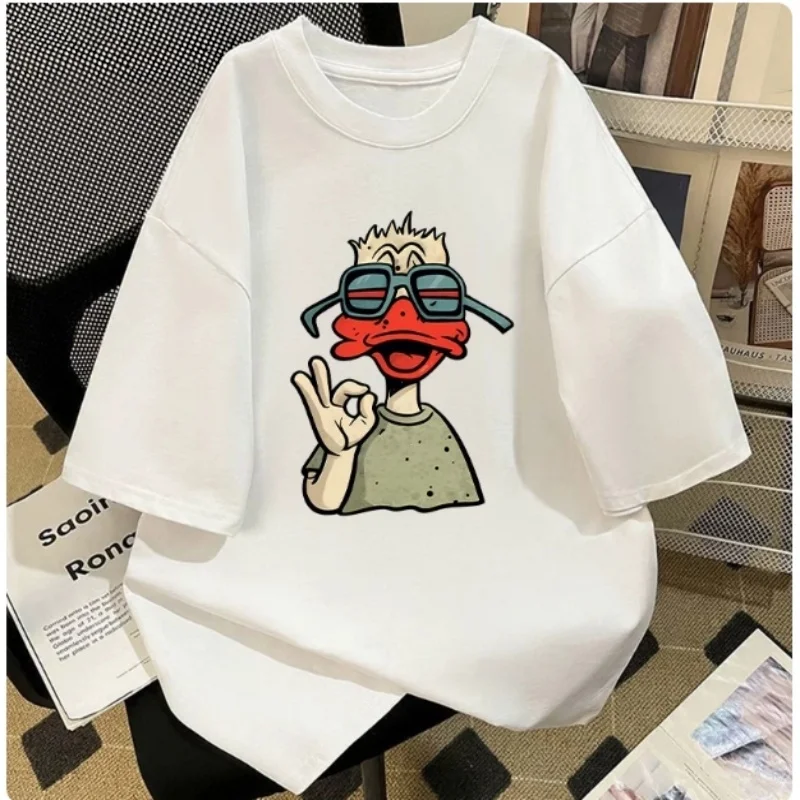 2026 American retro sunglasses duck print short sleeved T-shirt for couples, loose round neck personalized summer casual top