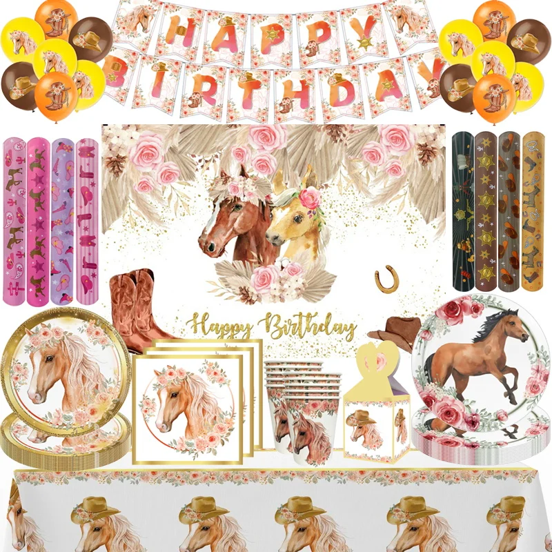 Decorações para festa de aniversário de cavalo, conjunto de decoração para meninas, decoração de cavalo, feliz aniversário, talheres de papel, balões para crianças, kits