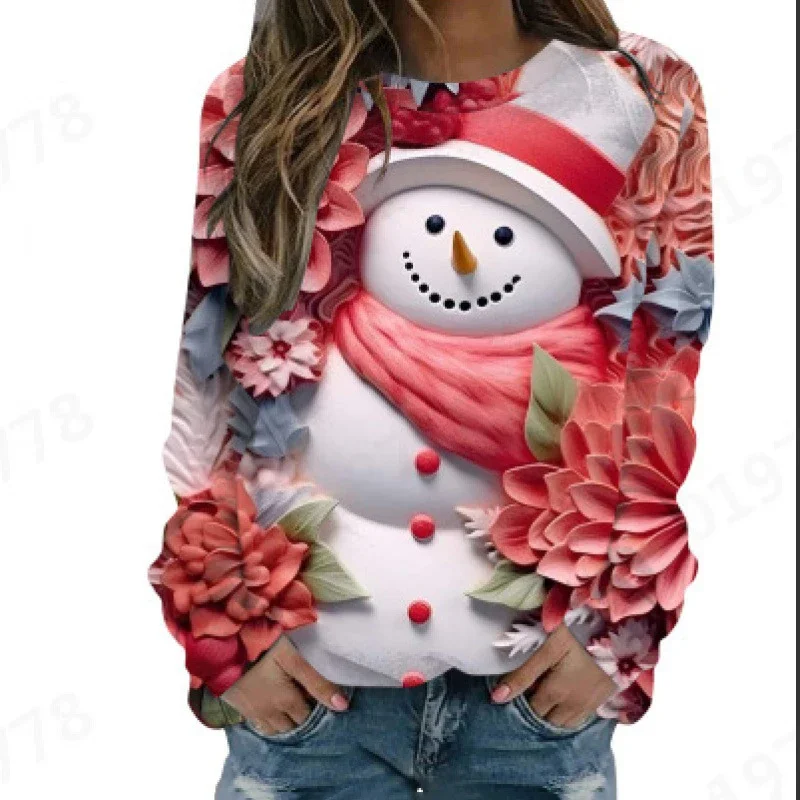 Felpe natalizie Pupazzo di neve natalizio Stampa 3D Maniche raglan da donna Girocollo Pullover casual Top Abbigliamento donna Autunno