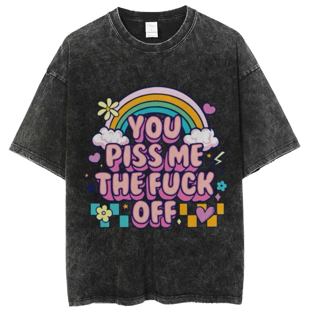 Loose Retro High Gram Weight T-Shirt White Cloud Rainbow Letter Printing 2024 Trendy New Neutral Style Short Sleeves