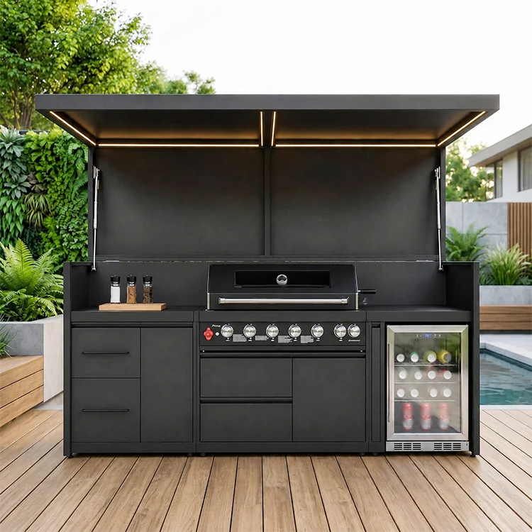 Luxury Outdoor Kitchen Island For Patio With Remote Control Retractable Roof And Stainless Steel 304 Grill Cabinet