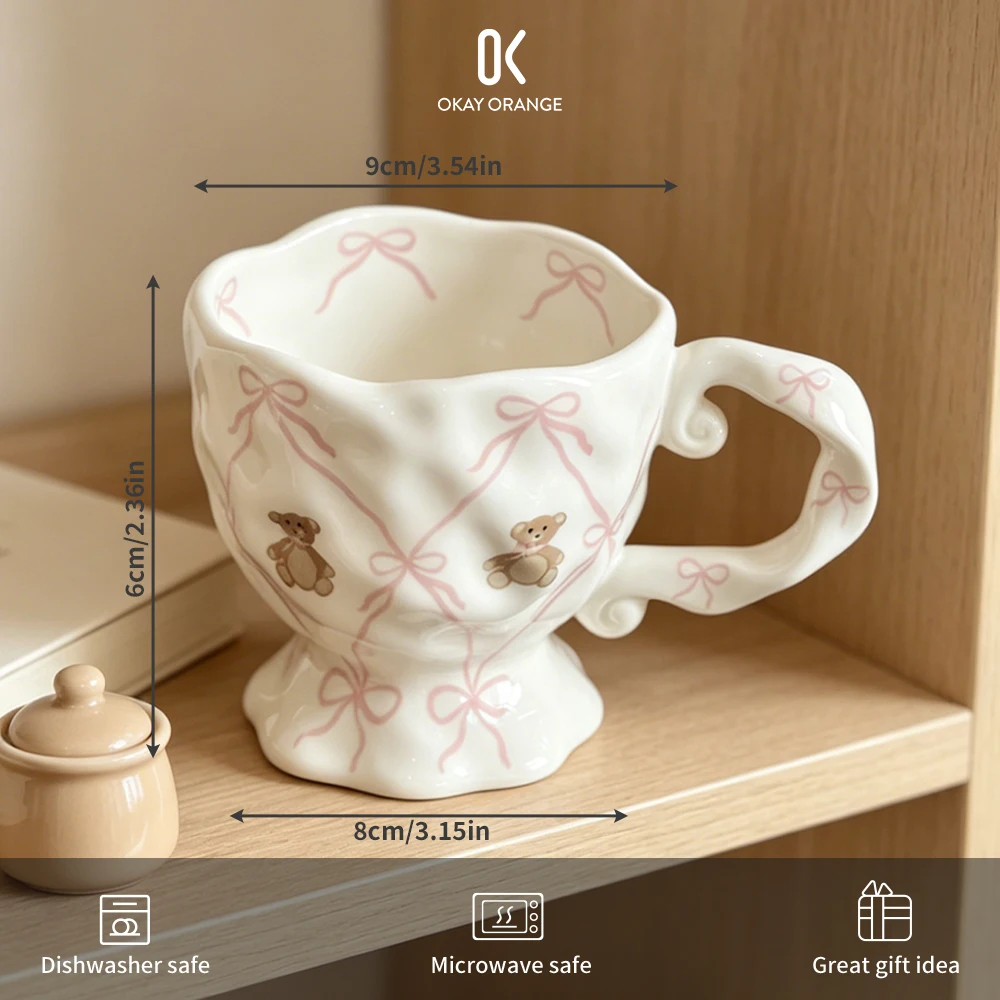 Coquette Pink Bow Knot Ceramic Coffee Mug Cute Bear Porcelain Tea Cup Vintage High Foot Water Cup Afternoon Tea Milk Mug 270ml