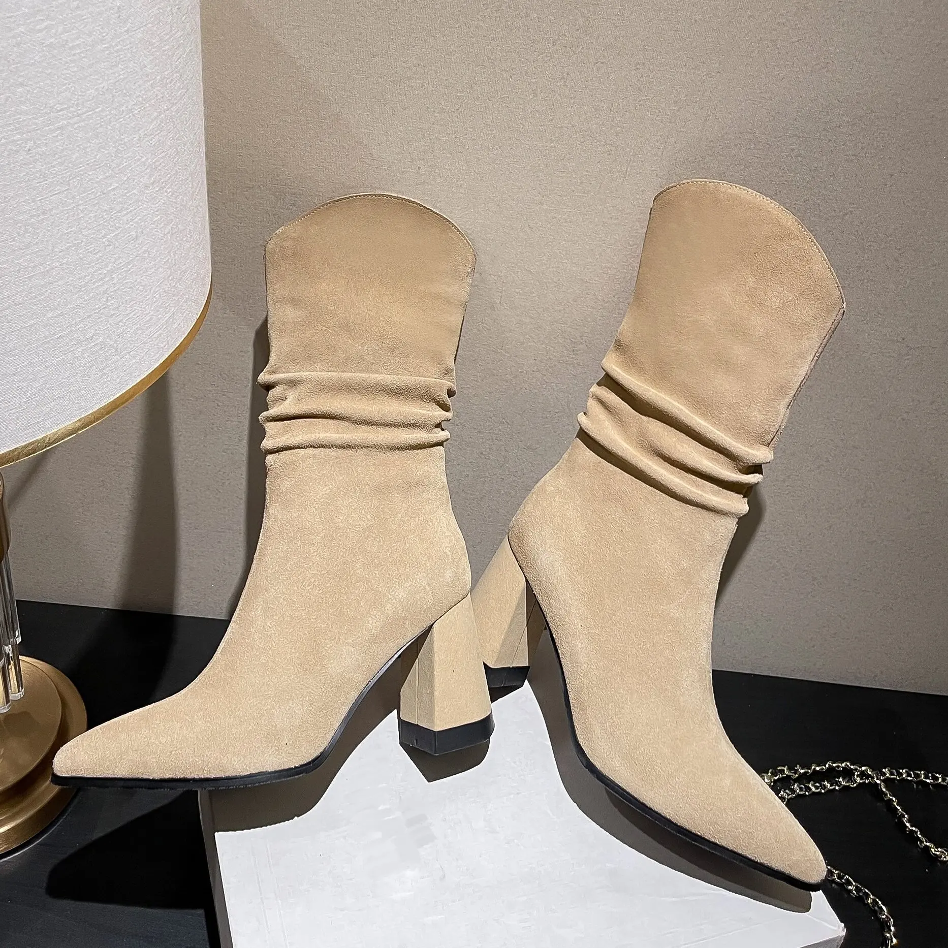 Autumn And Winter Boots, Cow Suede Material, Square Heel. Calf Height, Fashion Women\'s Shoes