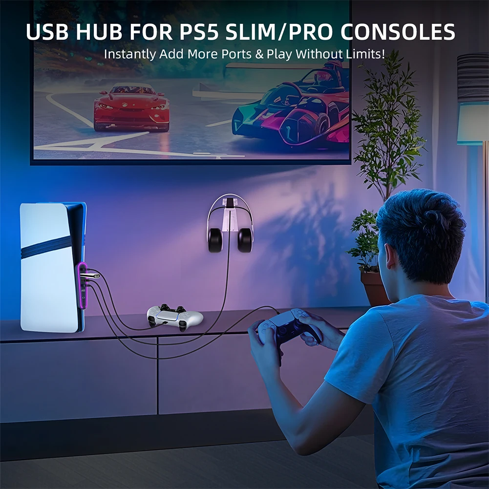 

6-портовый расширительный хаб с RGB-подсветкой и зарядным адаптером-конвертером для игровых аксессуаров PlayStation 5 Pro/Slim