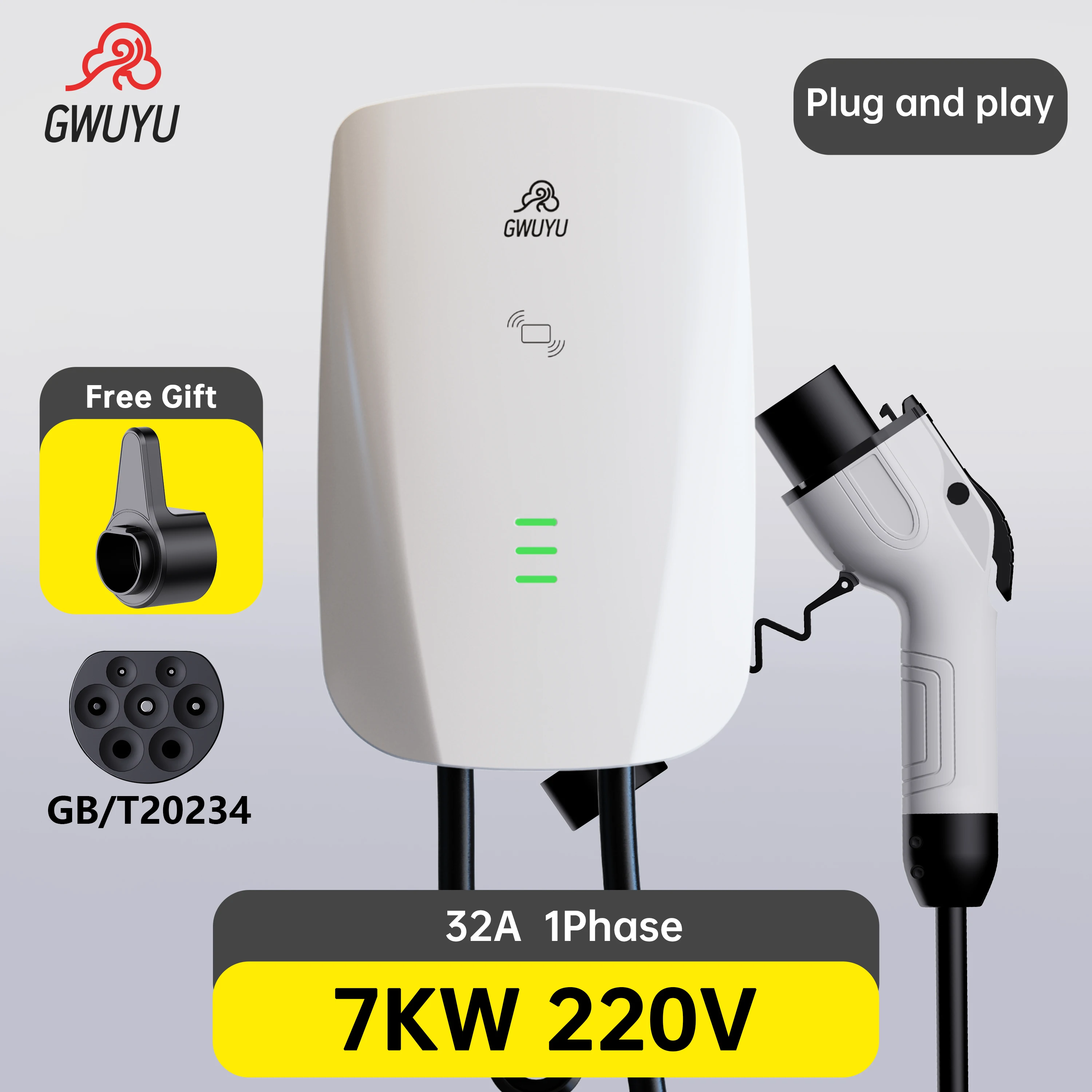 GWUYU GBT Standard EV Charger 7KW 11KW 22KW 1/3Phase for Household Car Charging Station EVSE Pile Wall Mount 5m Charging Cable