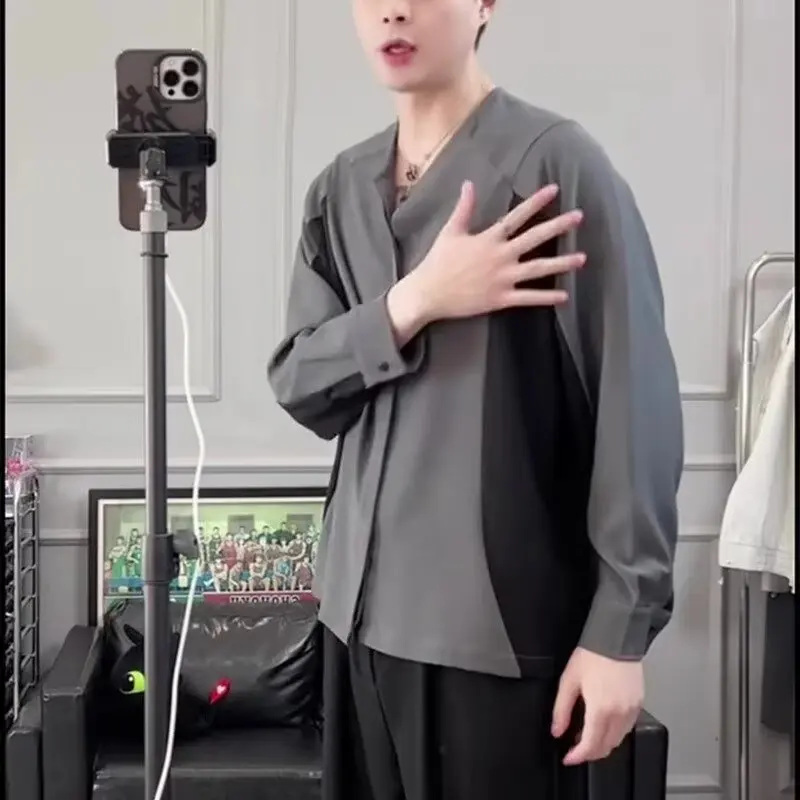 

Мужская свободная футболка с V-образным вырезом и длинным рукавом, тренд 2025 года, в корейском стиле, с цветовыми блоками, из полиэстера, повседневная, модная, для верхней части тела