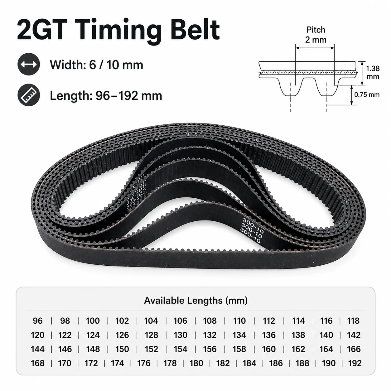 2GT Rubber Closed Loop Timing Belt Width 6/10mm 2GT Synchronous Belt Length 96 98 104 106 122 138 140 146 158 -162 168 178 192mm