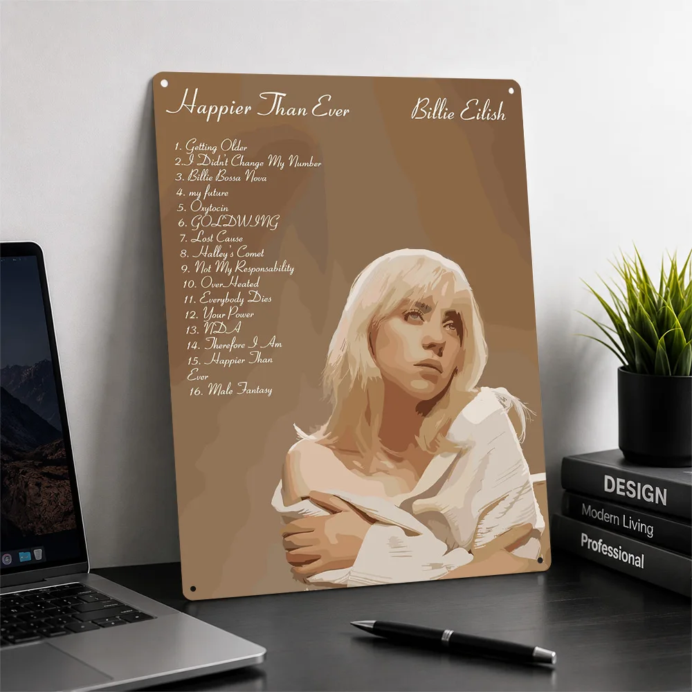 Happier Than Ever - Billie Eilish Personalized 3D Textured Metal Poster Wall Art Tinplate Sign for Bedroom Decorations Wand Deko