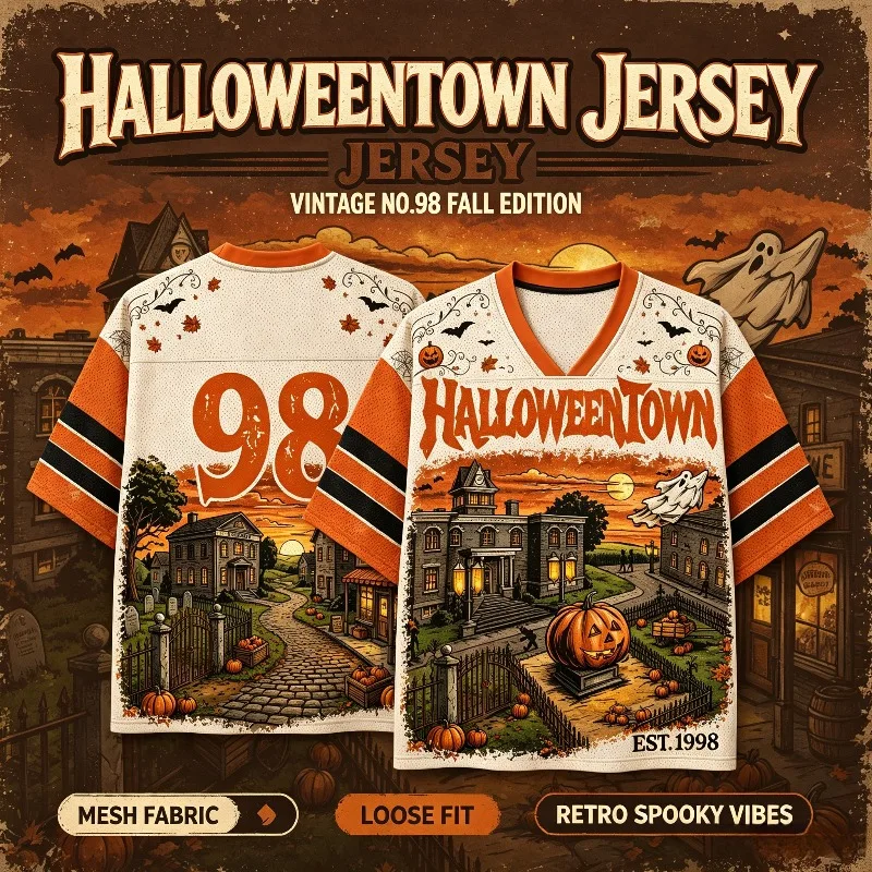 Retro Halloween Town 98 Jersey Loose V-neck Short Sleeved, Autumn Castle Pumpkin Ghost American Breathable Rugby Shirt