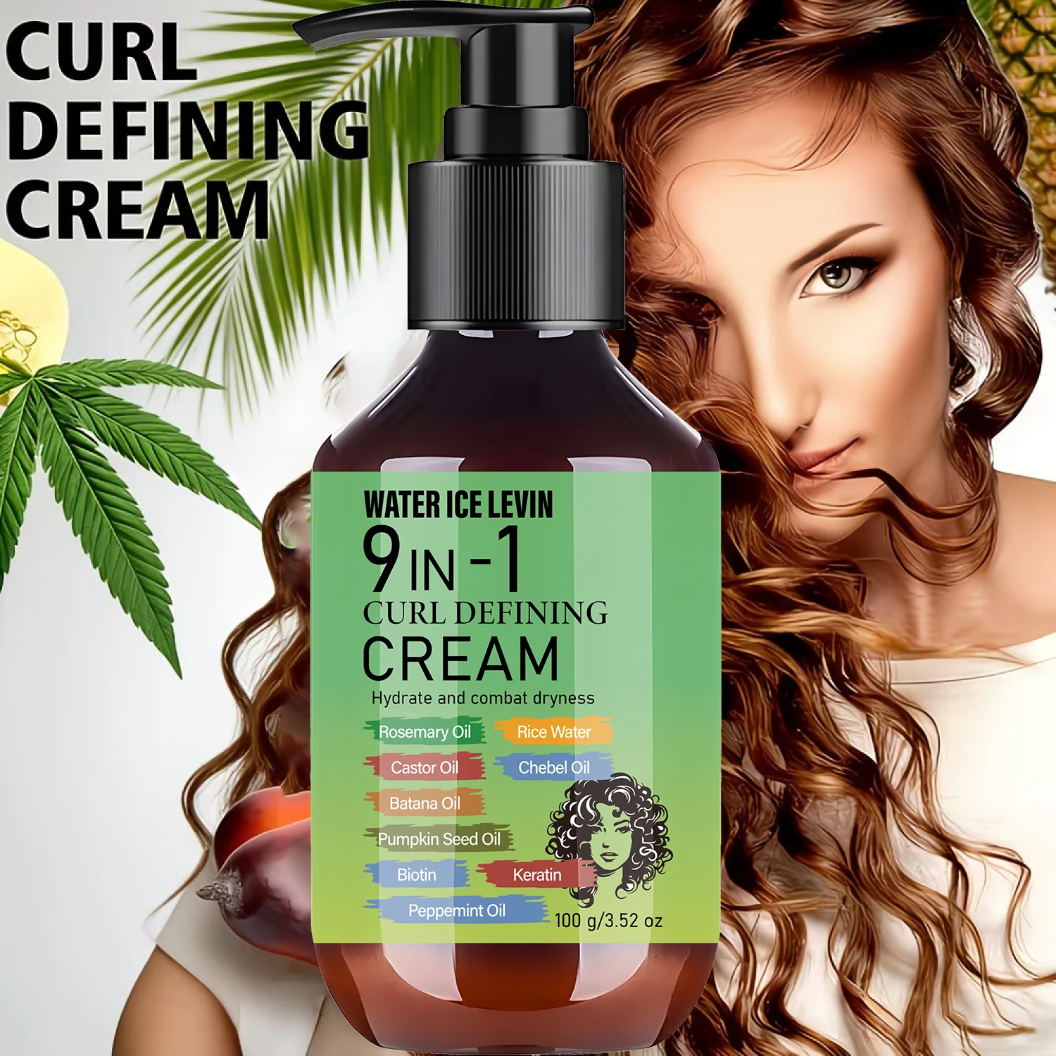 Curl Defining Cream with Biotin & Keratin – 9 in 1 Moisturizing Curl Cream with Rosemary Oil & Rice Water, Frizz Control