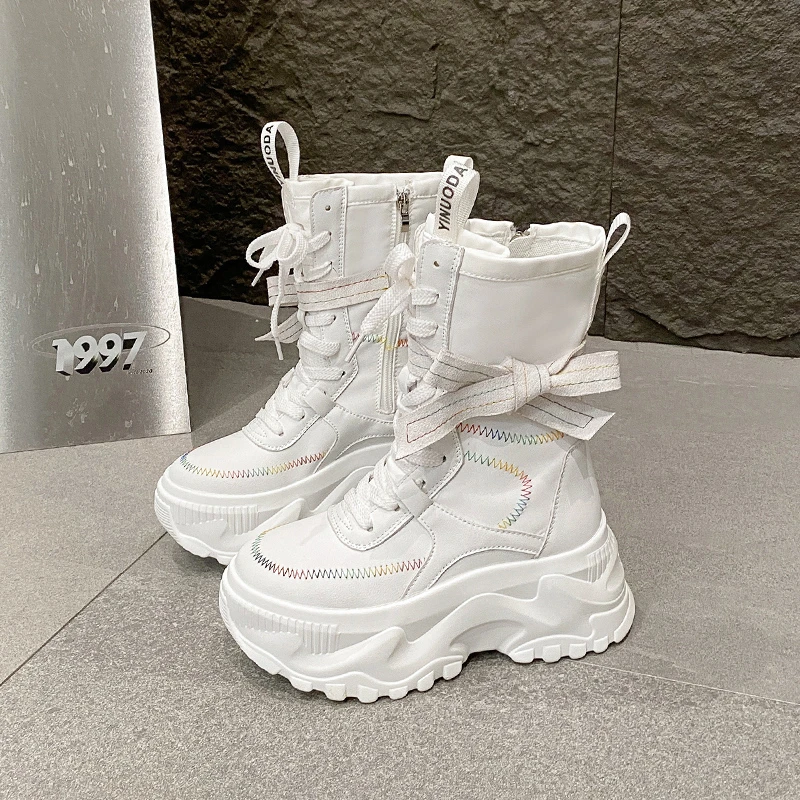 8CM Women Chunky Mid-Calf Boots New Autumn Canvas High Platform Round Toe Ladies Shoes Tie Motorcycle Boots Winter Sneakers - Image 4