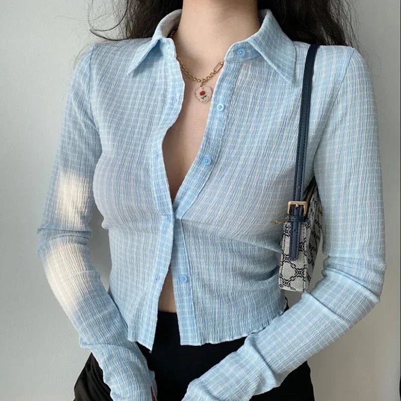 

Blusas 2024 Spring and Autumn Retro Lapel Long Sleeve Plaid Flared Sleeve Shirt Cardigan Women Aesthetic Egirl Short Slim Shirt