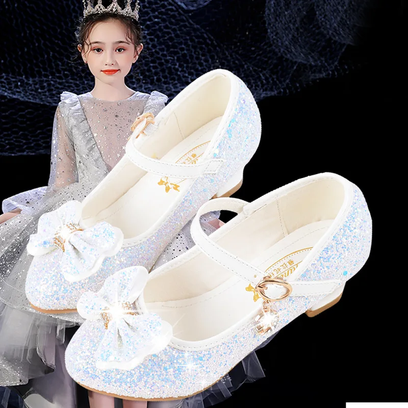 

New Princess Shoes Girls Sandals Kids Casual Glitter High Heels Flower Children Bowknot Dancing Student Performance Party Shoes