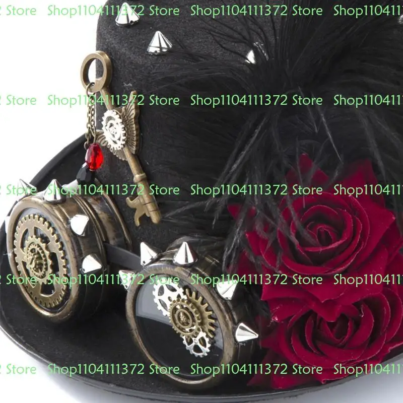 

P9FE Black Steampunk Dark Rose & Chain Victorian Goggles Top Hat for Halloween Party