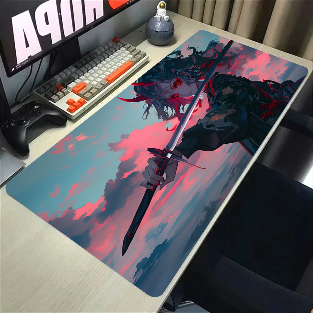XXL Japanisches Mädchen Samurai Gaming-Mauspad, Rutschfester Gummirand, Großes Ästhetisches Schreibtischpad für PC-Gamer Laptop
