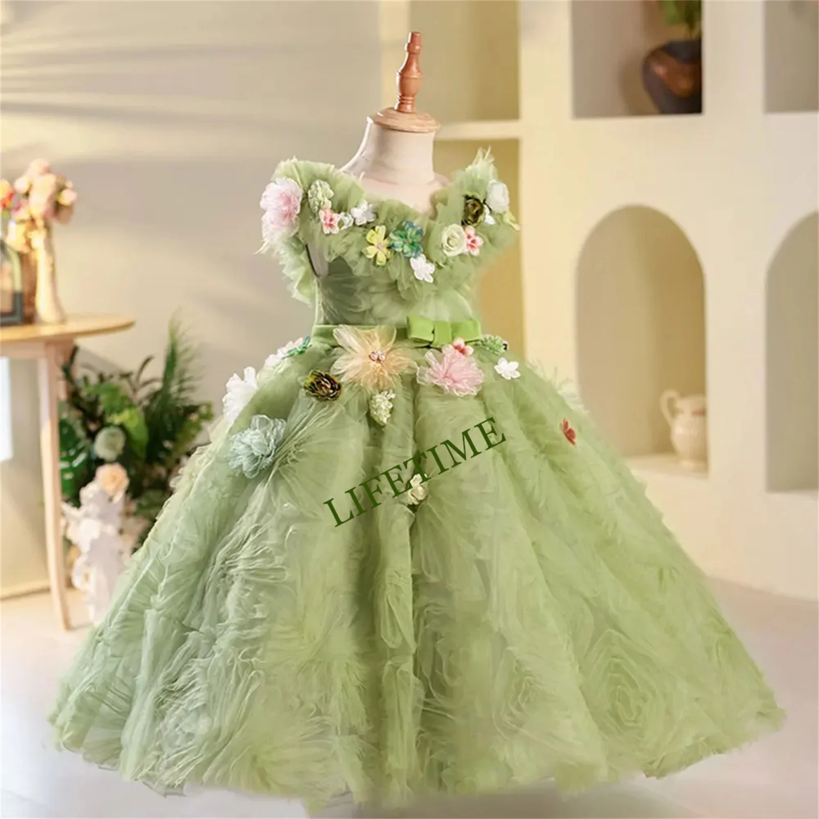 

Elegant Green Satin Square Collar Baby Girl Dress Knee Length Princess Children Wedding Birthday Party Ball Gown