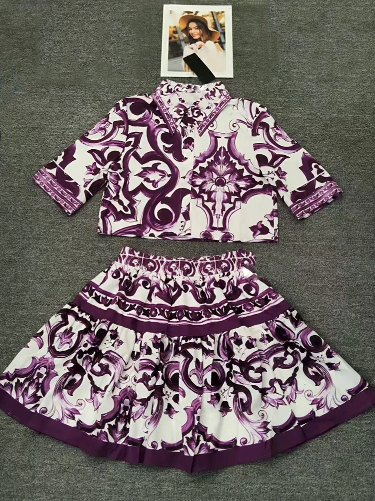 

2025 Summer Women's retro geometric print lapel short Shirt Two-piece set + High-waisted loose pleated skirt Fashion set