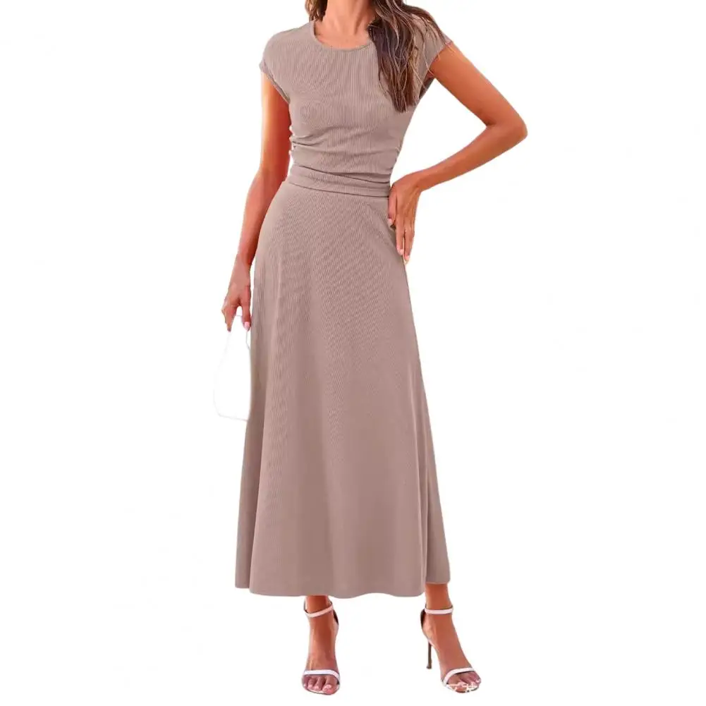 

Women Top Skirt Set Elegant Knitted Top Pleated Skirt Set for Women A-line Ankle Length Skirt with Flying Sleeves T-shirt High