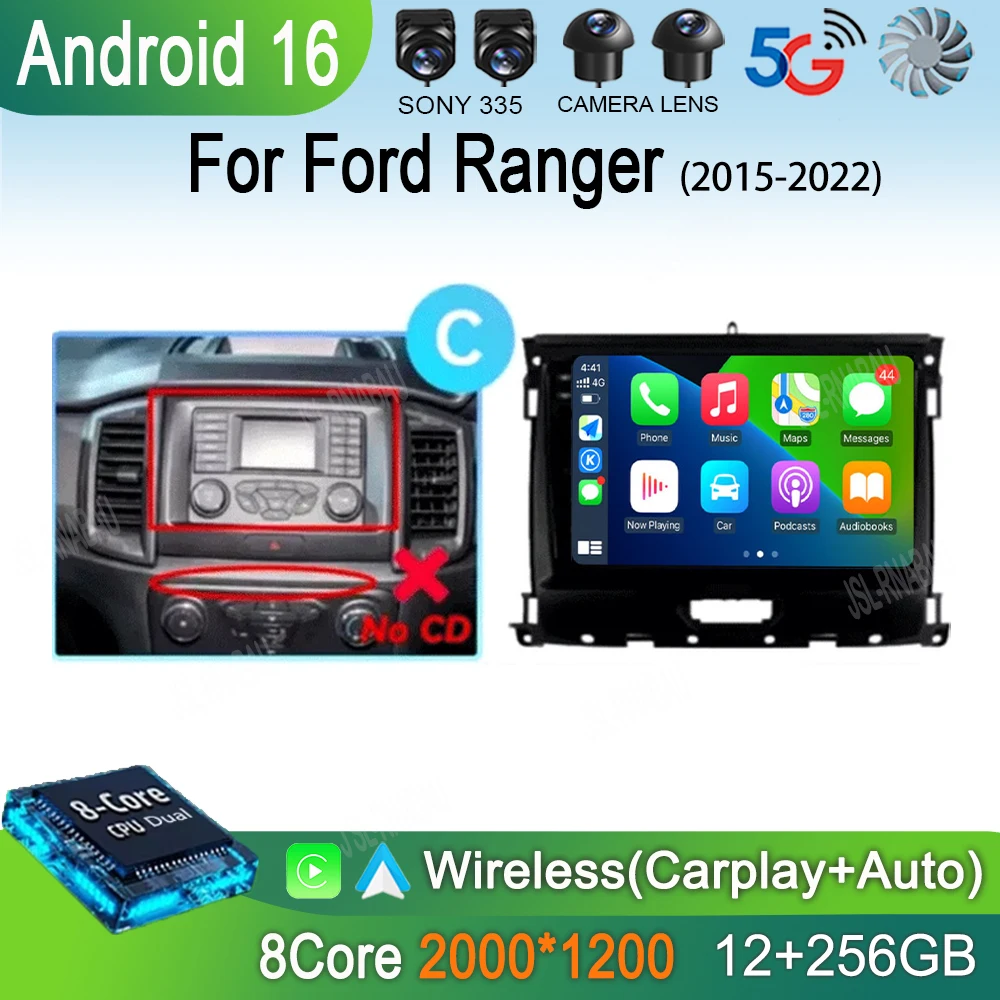 For Ford Ranger 2015 2016 2017 2018 - 2022 Android 16 Car Radio Stereo QLED Screen GPS Multimedia Carplay Autoradio Head Unit