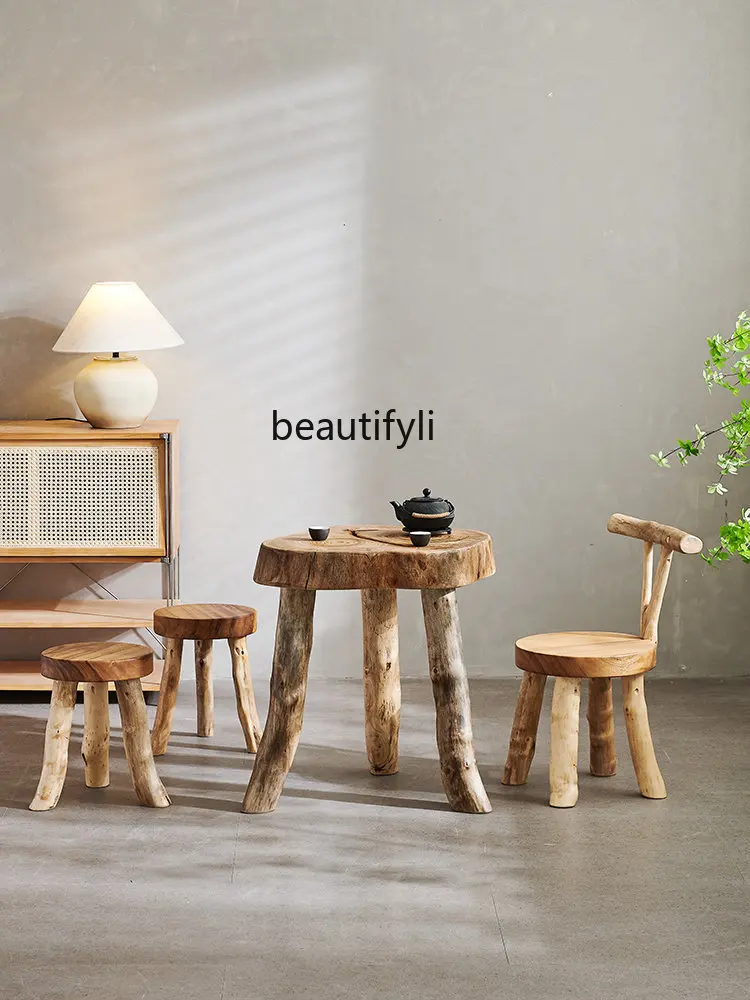 Balcony Small Table-Chair Set  Original Ecological Tree Pile a Block of Wood Or Stone Root Carving Solid Wood Tea Table Stool