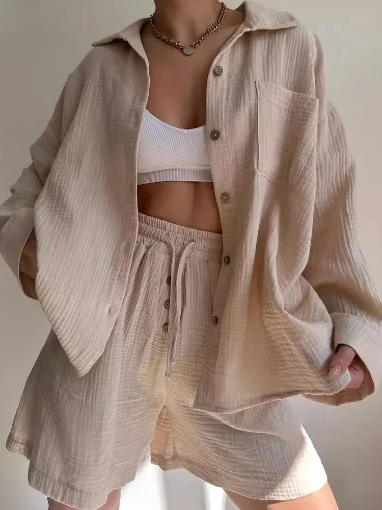 Fashion Casual Two-piece Set Cotton Suits Long Sleeve Shirt High-waist Drawstring Shorts Sets Spring Summer Elegant Women's Set