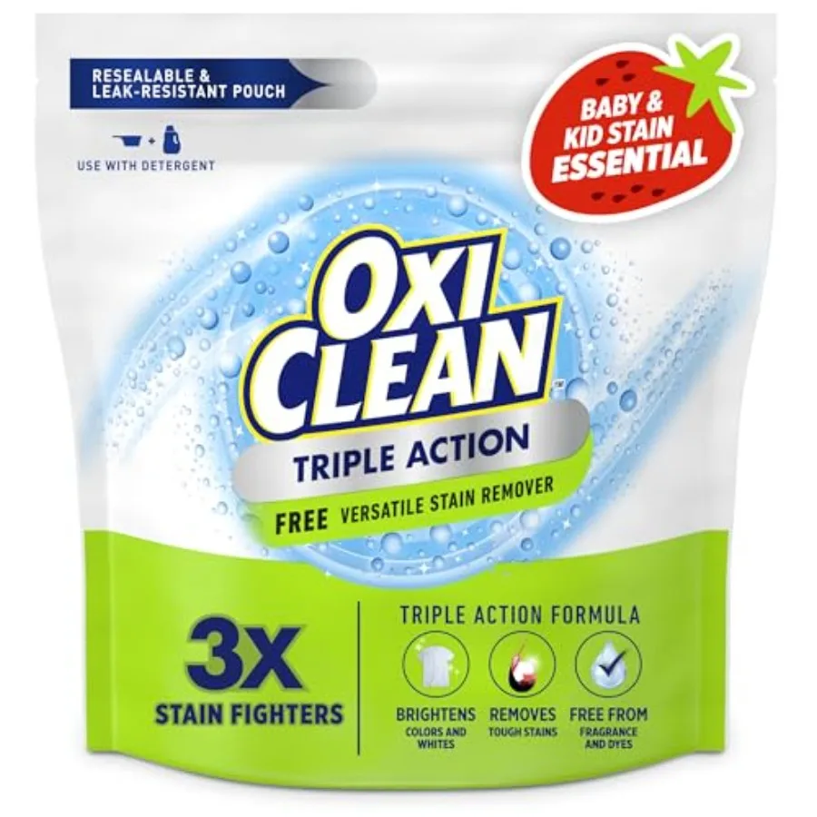 

Triple Action Free Versatile Stain Remover Powder, Use with Detergent, No Fragrance, No Dyes, No Chlorine, Removes Stains, Brig