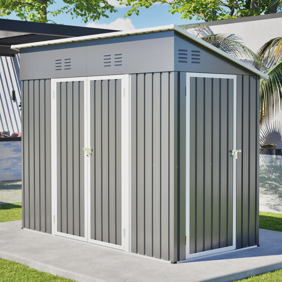 4x8 Slope-Roof Reinforced Storage Shed with Weatherproof Sloping Roof and 4 Air Vents, Heavy-Duty Sturdy Metal Frame, Left/Righ