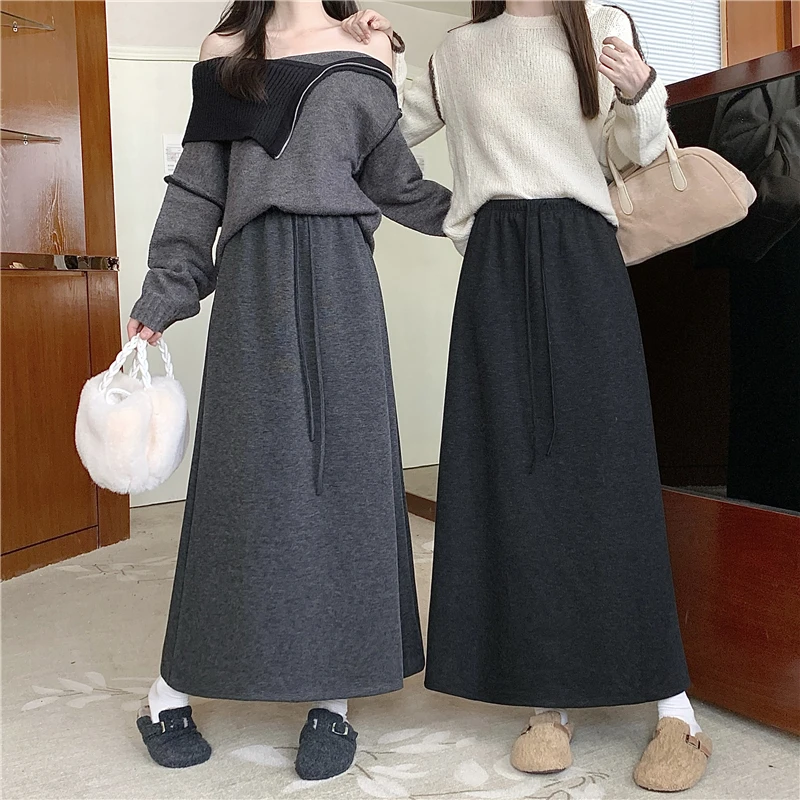 Autumn Winter Thickened Elastic Waist Drawstring Slim A-Line Skirt Woolen Half-length Casual Skirt Versatile Long Skirt