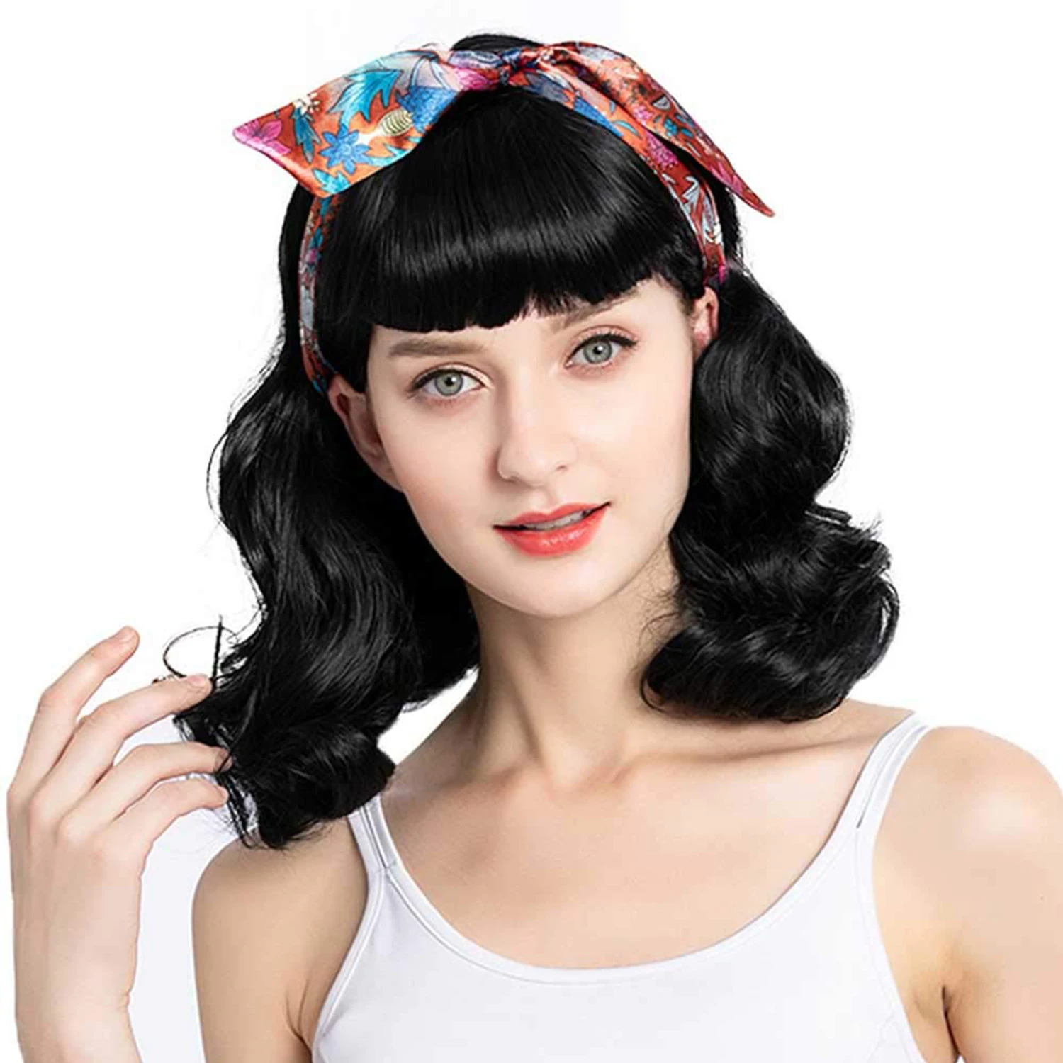 

Синтетические винтажные парики рокабилли, с черной челкой, с коротким кудрявым плетением, для косплея, повседневного использования